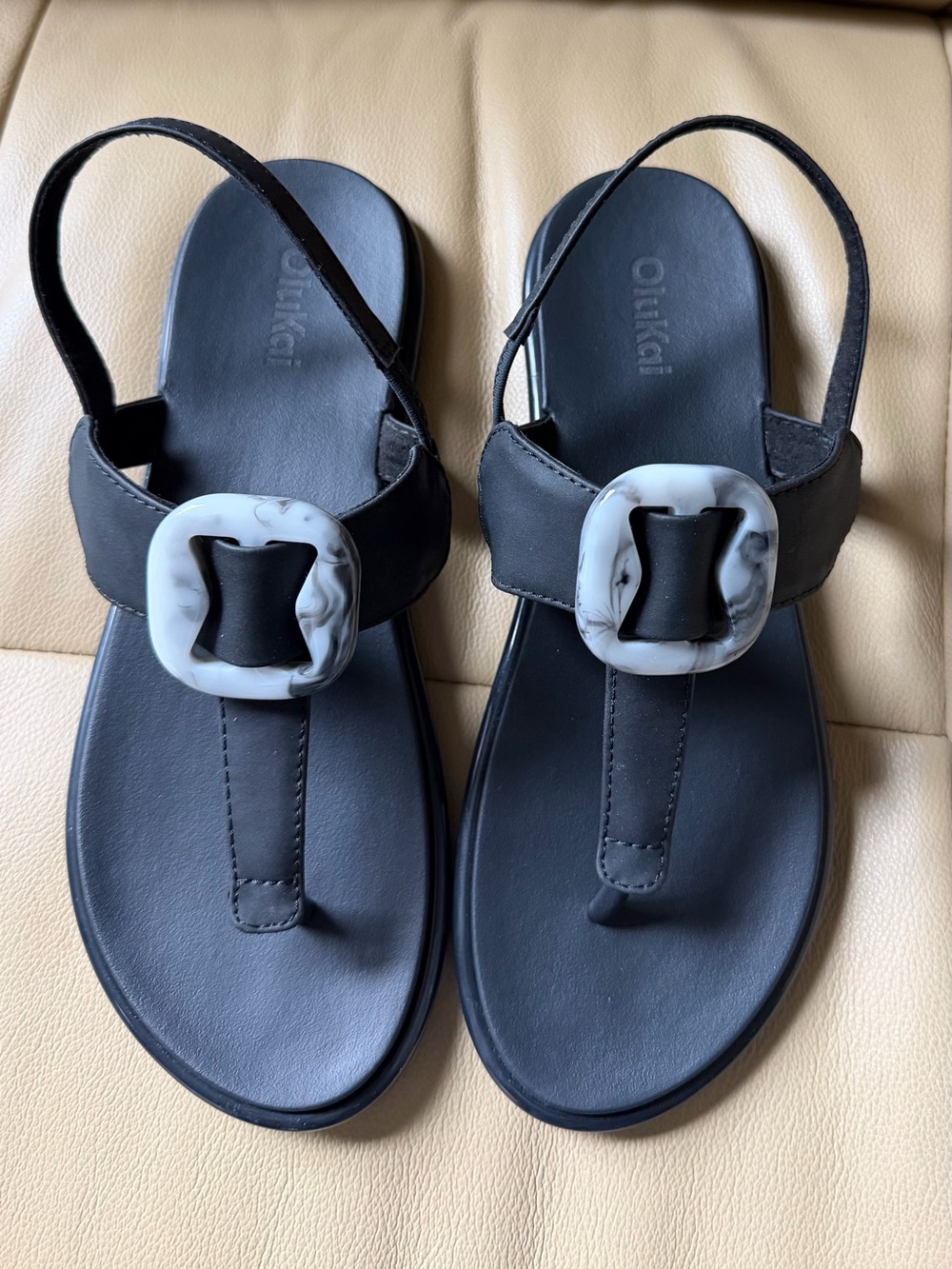 OluKai Black Slingback Sandals with Marble Accent Buckle